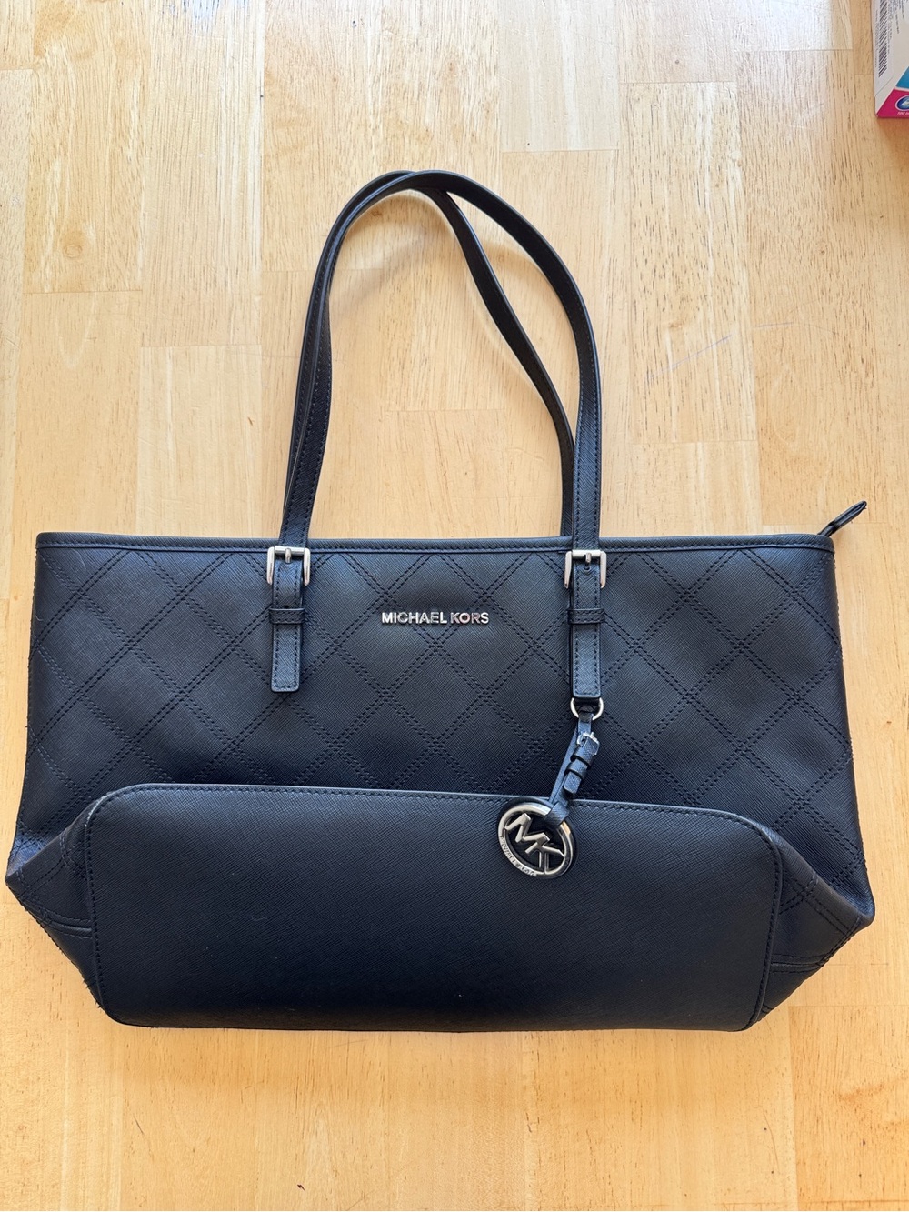 Michael Kors Black Quilted Saffiano Tote with MK Charm